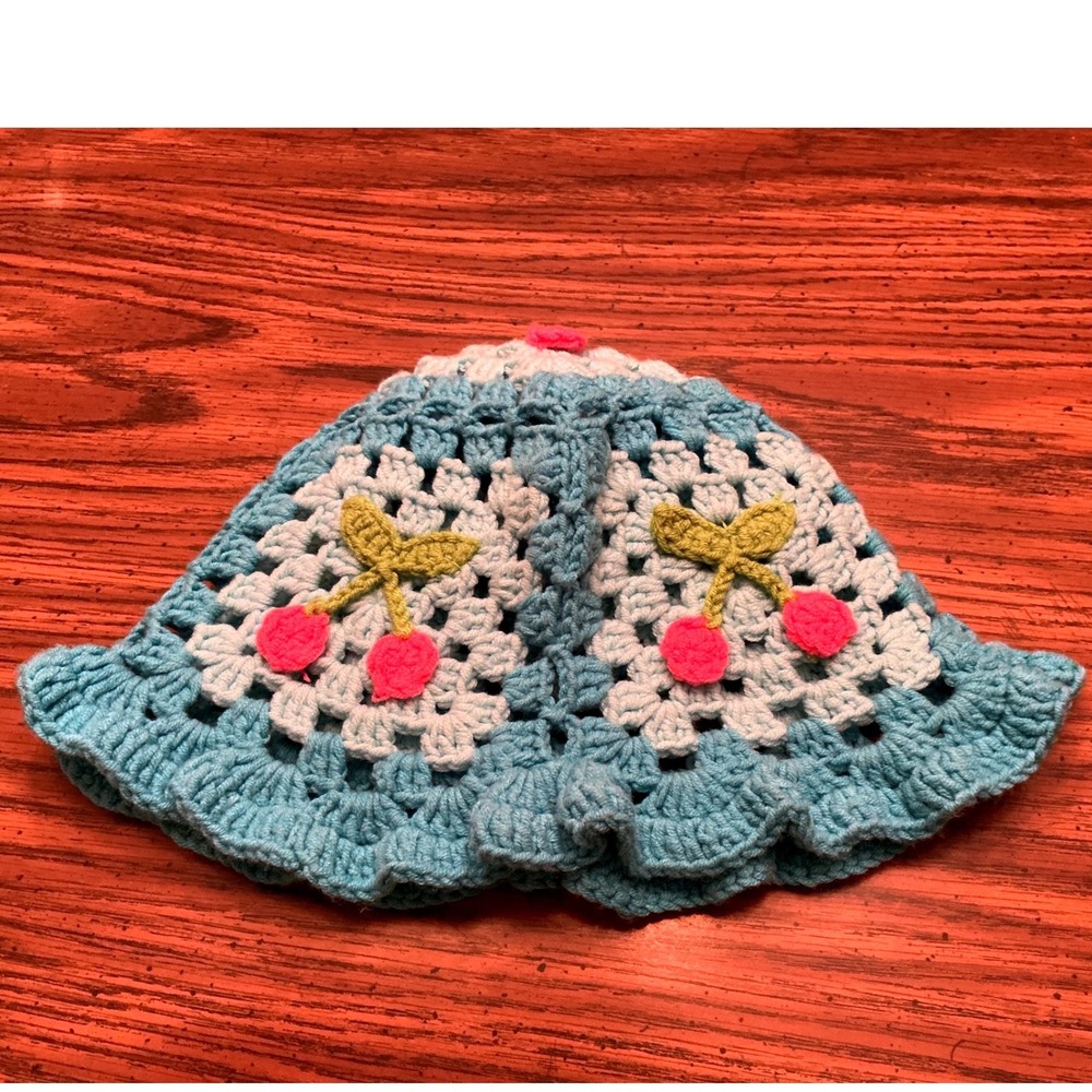 Crochet Bucket Hat Womens OS Blue Pink Good Cherry Granny Square Hat